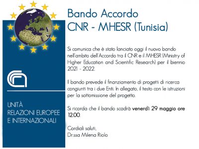 Bando Cnr – MHESR (Tunisia). Programma Di Attività Per Il Biennio 2021-2022