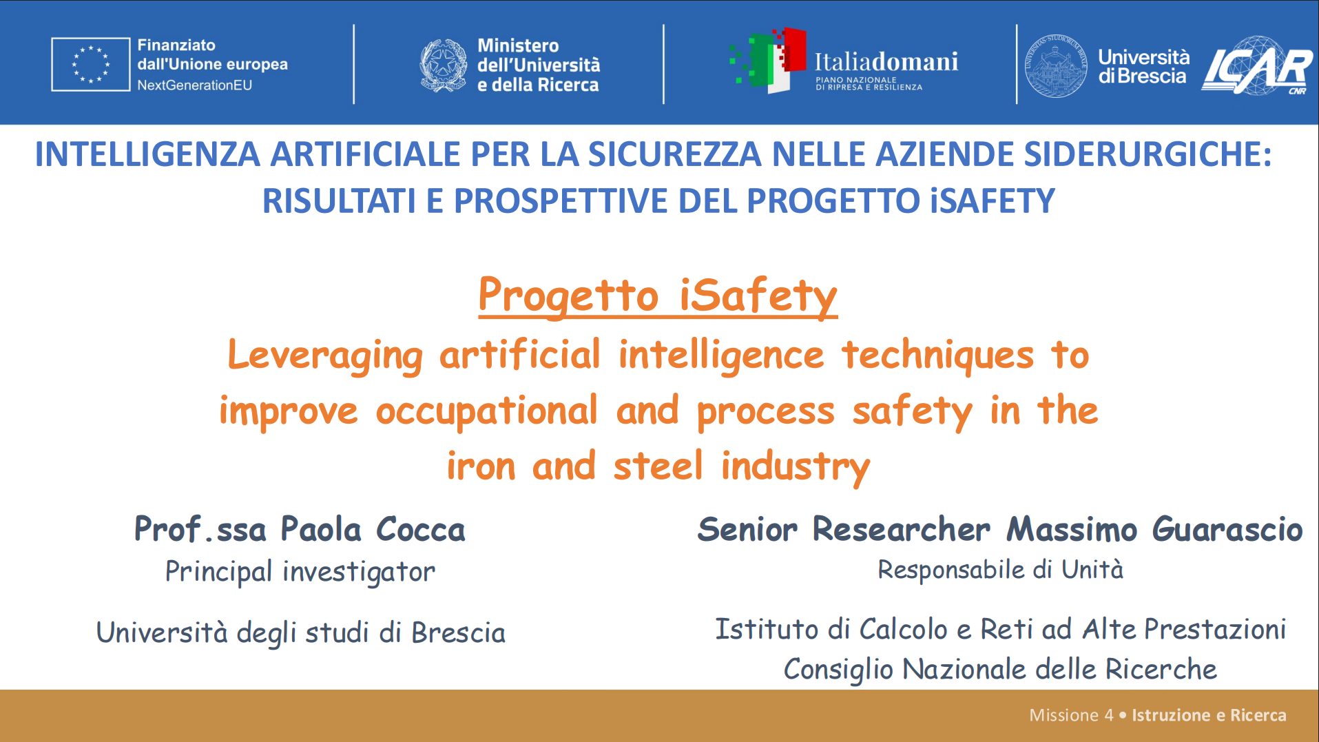 WORKSHOP – INTELLIGENZA ARTIFICIALE PER LA SICUREZZA NELLE AZIENDE SIDERURGICHE: RISULTATI E PROSPETTIVE DEL PROGETTO ISAFETY
